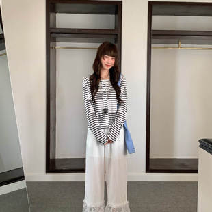 韩版高级新款夏季韩系长袖圆领薄款条纹上衣开衫T恤女3042日常棉