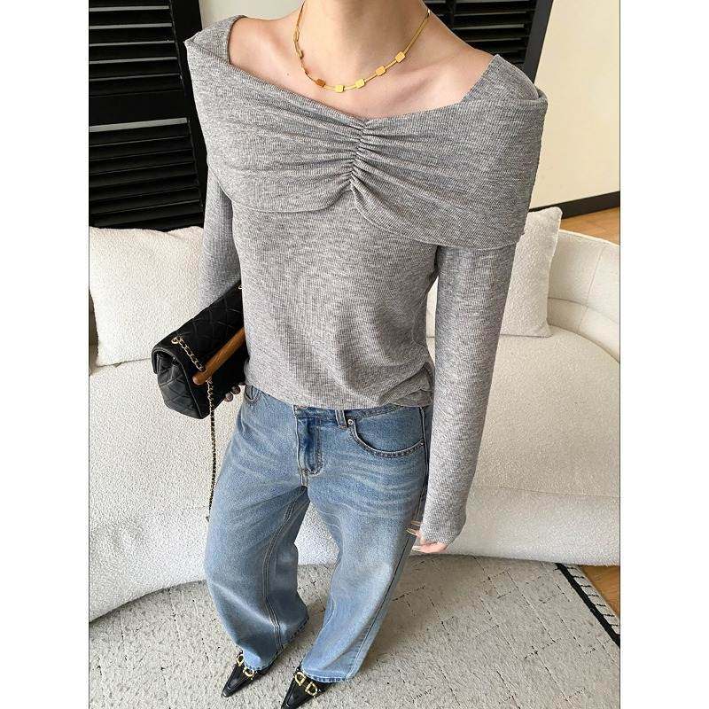 韩版高级新款 韩版休闲潮 早春 天丝羊毛混纺设计感褶皱一字肩针,女装/女士精品,毛针织衫,淘宝优惠券,粉丝福利购,淘宝优惠卷