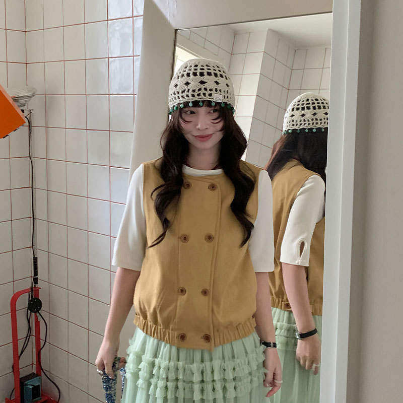 韩版高级新款 you think春季韩式无袖圆领宽松舒适开衫马甲外套马