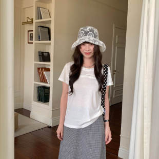 韩版高级十三行夏季圆领短袖拼镂空花边设计感上衣T恤女30562026