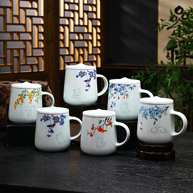 景德镇高温陶瓷杯网红茶杯咖啡杯带盖玲珑马克杯水杯礼盒顺丰包邮