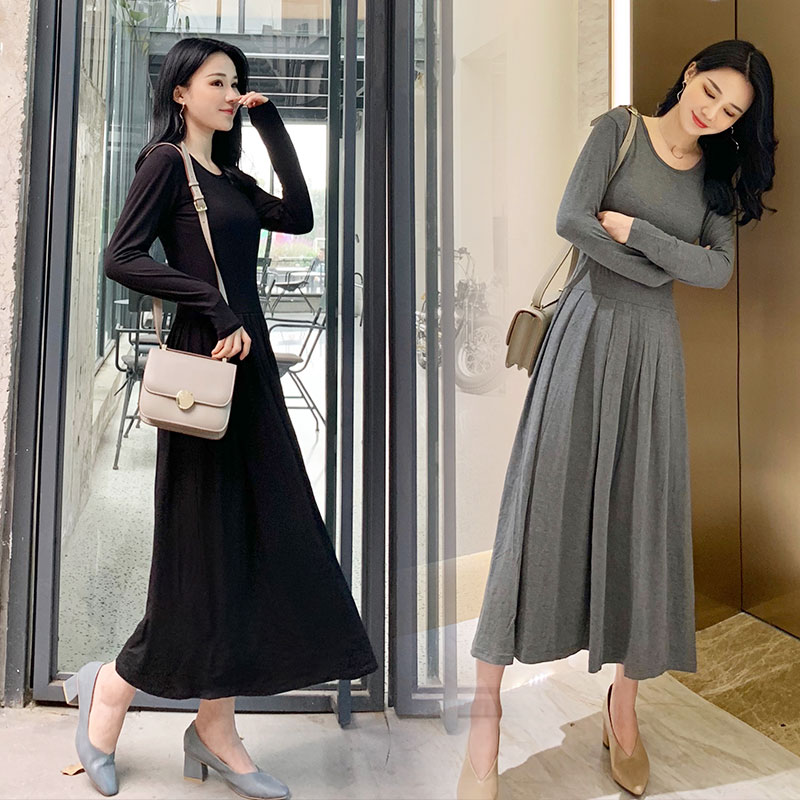 0女及脚踝百褶高腰过膝连衣裙