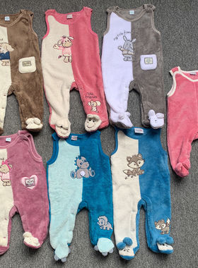 法单新生婴儿小宝宝珊瑚绒无袖保暖包脚连体衣爬服背带裤0-6个月