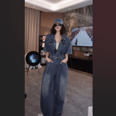 NMN王火火&设计师新款复古轻奢港风时尚天丝牛仔连体裤 28HH0216