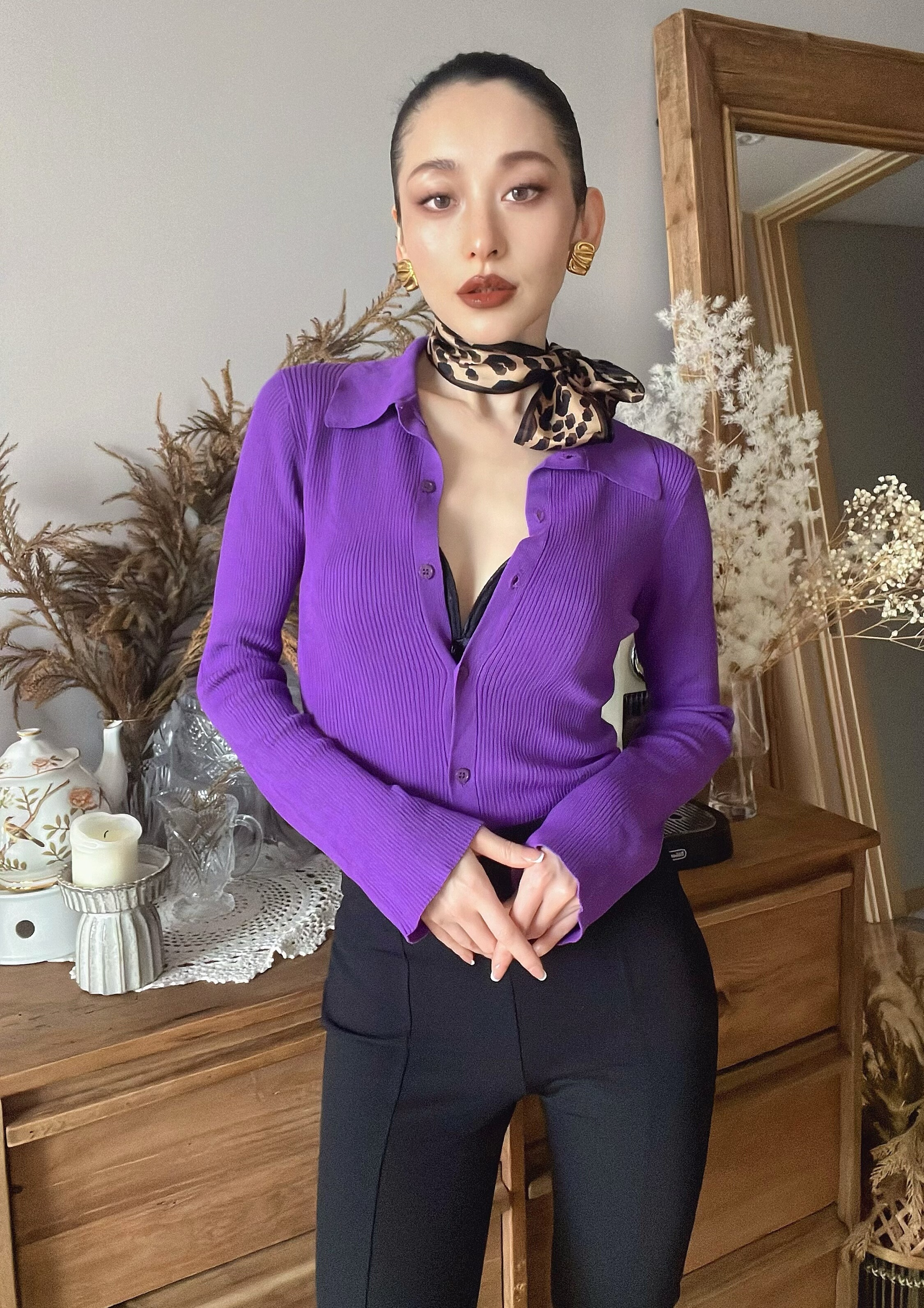 外贸欧美潮牌深紫色通勤职业干练修身版型罗纹针织开衫喇叭袖上衣