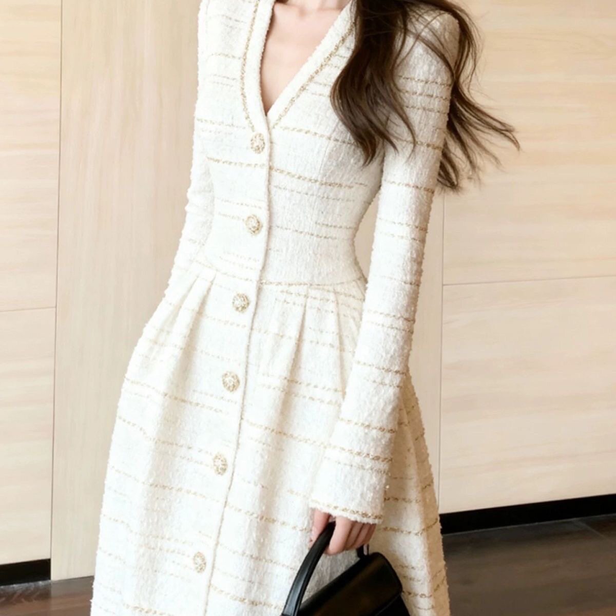 2026春装新款女装欧美明星时尚V领长袖修身收腰连衣裙