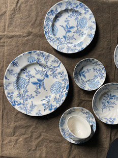 外贸原单复古黄瓷蓝色花朵法式牛排盘平盘深菜盘下午茶杯碗釉下彩