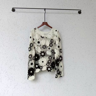 [100羊毛]卡米兰绣花毛衣女2025秋季新款镂空针织宽松套头羊毛衫