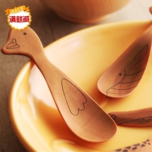 日本kids cutlery宝宝餐具儿童木勺 饭勺碗勺可爱动物天然木