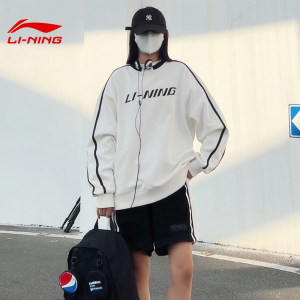 李宁美式加绒卫衣女宽松圆领2026春秋季新款情侣白色圆领运动服男