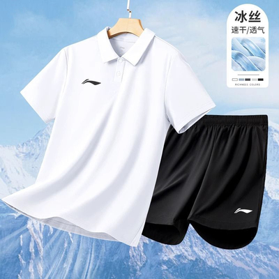 李宁运动套装男士POLO短袖速干t恤短裤 夏季冰丝健身透气轻薄上衣