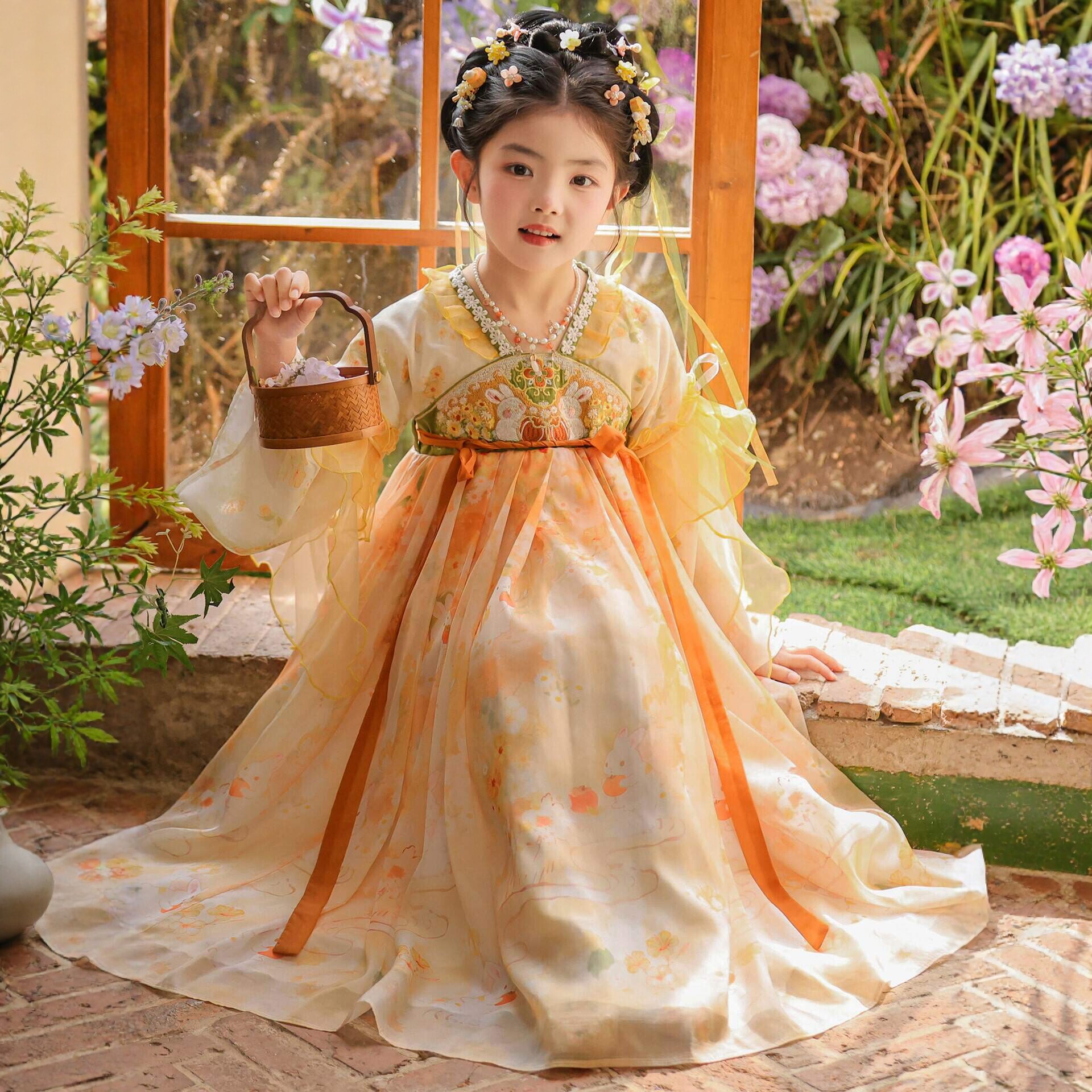 高端女童春季新款玉兔仙子汉服裙儿童国风连衣裙飘逸公主裙礼服裙