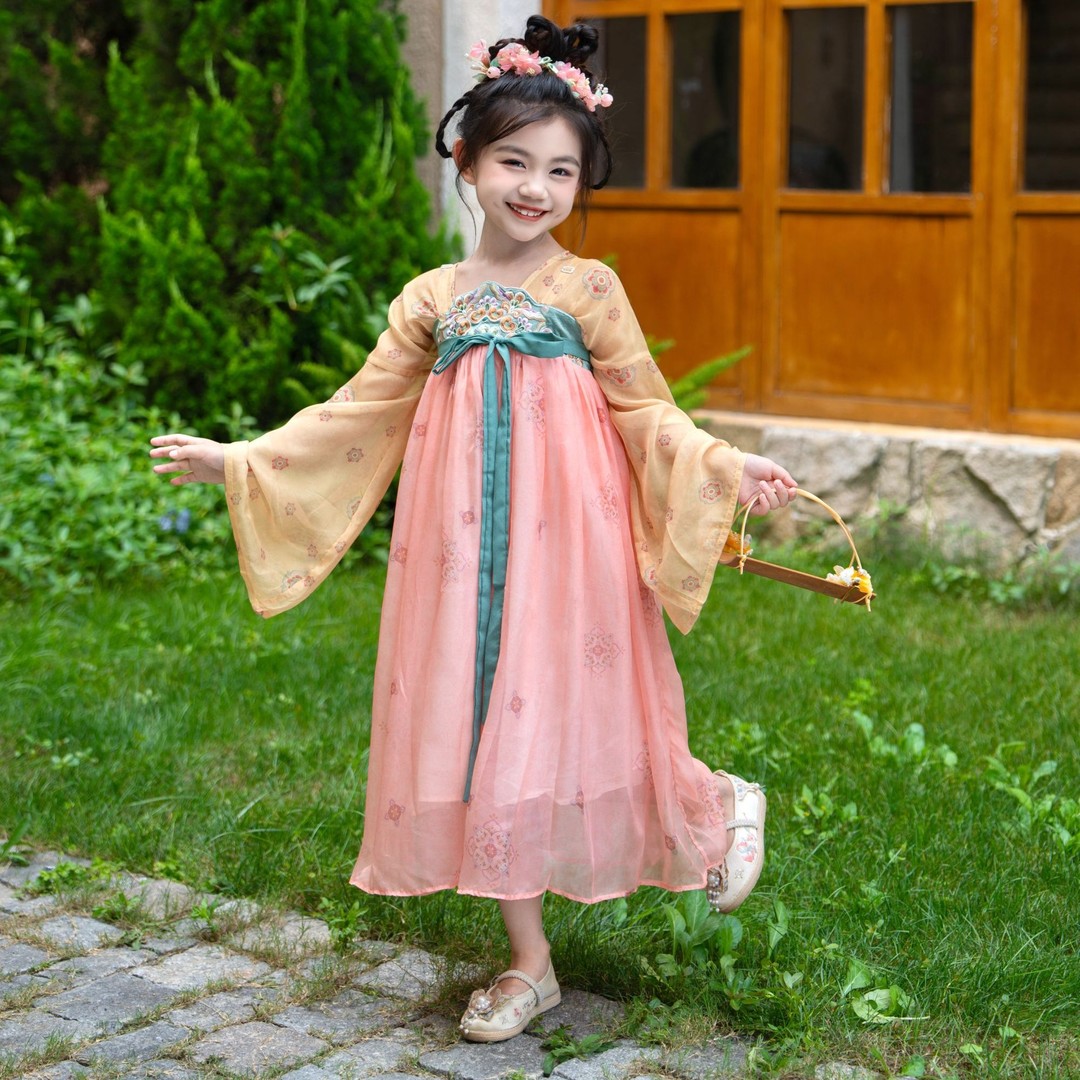 女宝宝春秋新款桃花汉服裙连衣裙