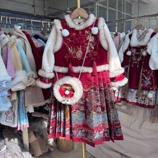 高端女童冬季新款加绒加厚汉服裙儿童水貂毛马面裙公主红色拜年服
