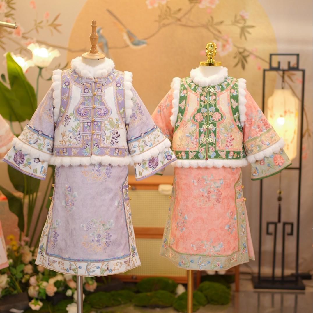 女宝冬装旗袍马甲加厚礼服连衣裙