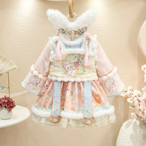 高端女童冬季新款汉服裙儿童玉兔仙子加厚加绒马甲两件套装拜年服