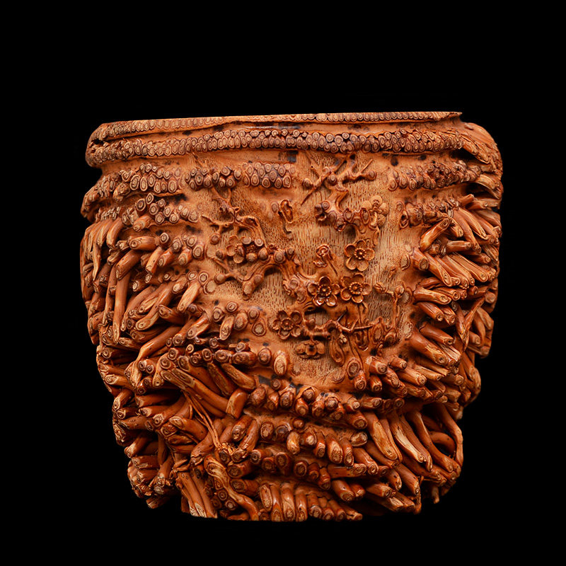 老竹根雕刻梅花香大笔筒文房用品雅玩画筒书房摆件工艺品满钉竹雕