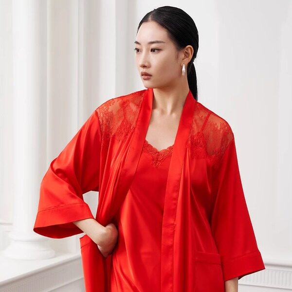 丝奢蕾丝拼接红色家居服套装