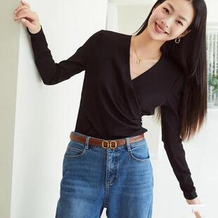 新品 EGJET5501A V领围裹式 黑色打底衫 1299 收腰瘦瘦衫 EP春季