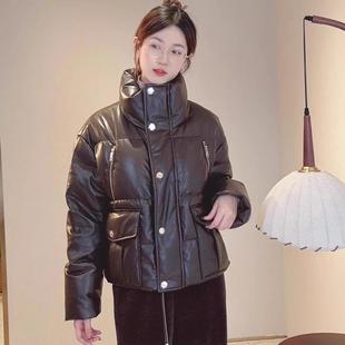 EP秋冬咖色鹅绒蛋白皮质感立领羽绒服短款EGJIPY118A-4699