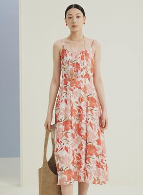 大雅家firststation25款优雅印花收腰吊带连衣裙HFKES4231A-4999