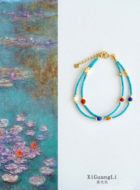 天然蓝绿松石手链宝石珍珠复古设计高级串珠双层手串绿松手链