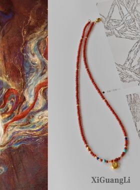 柿柿如意天然南红项链女柿子红新中式国风绿松石叠戴锁骨链钱袋子