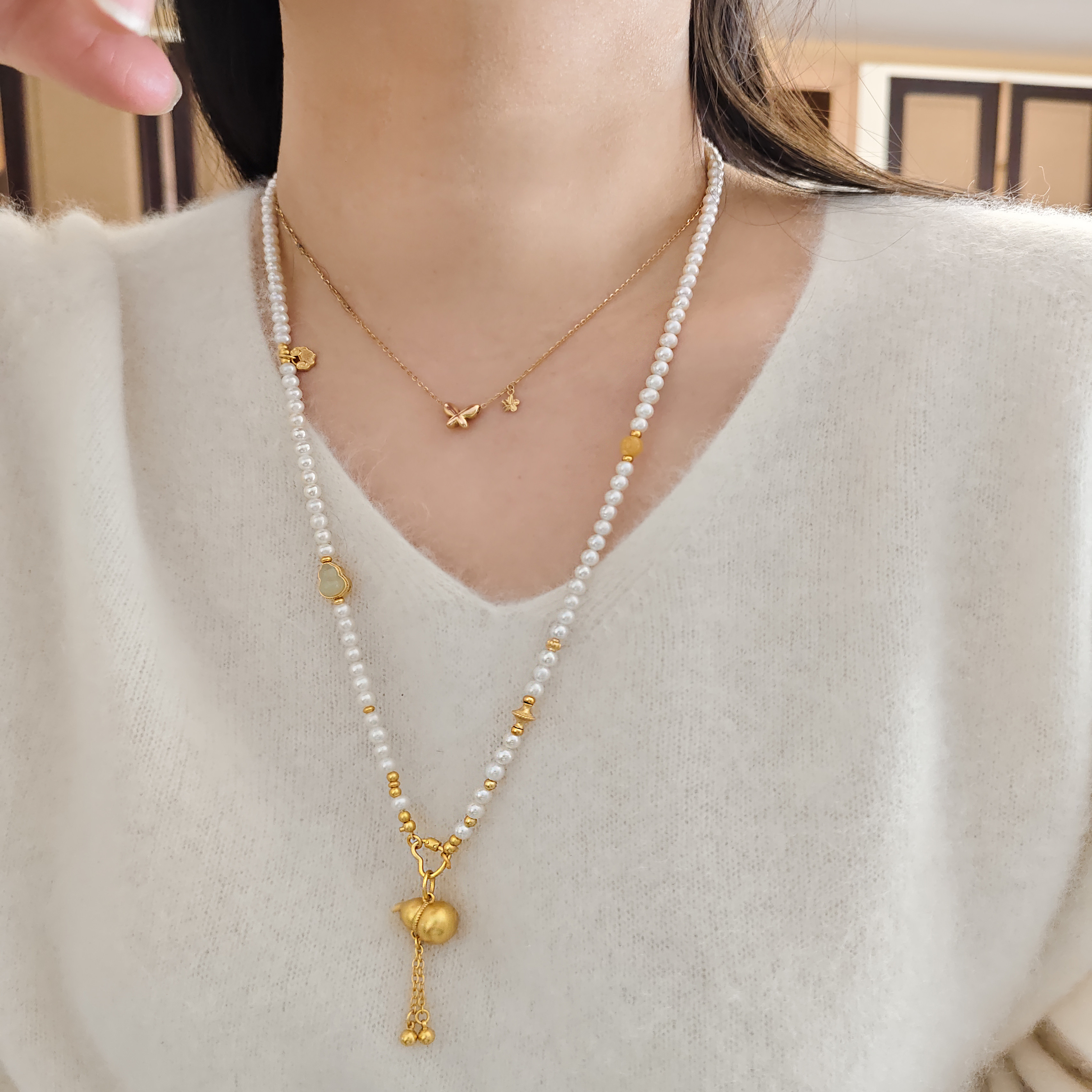 天然淡水珍珠配黄金项链可拆卸挂绳新中式毛衣链爱心扣配玉吊坠女