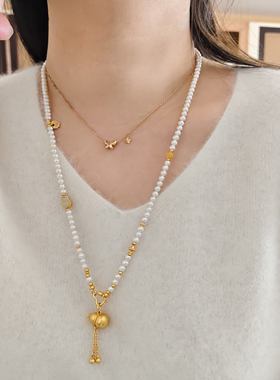 天然淡水珍珠万能链 可拆卸项链 新中式毛衣链搭配配黄金吊坠女