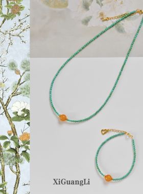 老蜜蜡绿松项链天然绿松石锁骨链新中式国风小米珠毛衣链蜜蜡手链