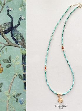 原创天然原矿绿松石米珠项链手链款国风纯银吊坠锁骨链高级感颈链
