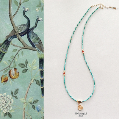 原创天然原矿绿松石米珠项链手链款国风纯银吊坠锁骨链高级感颈链