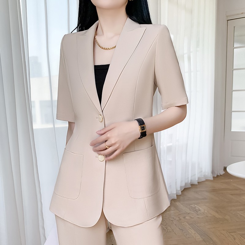 轻奢杏色短袖西装套装女士气质西服阔腿裤夏季新款播音主持人正装