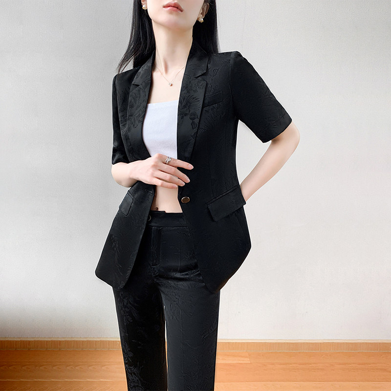 奢柔醋酸提花西装微喇裤套装夏新款时尚女士办公西服播音主持正装