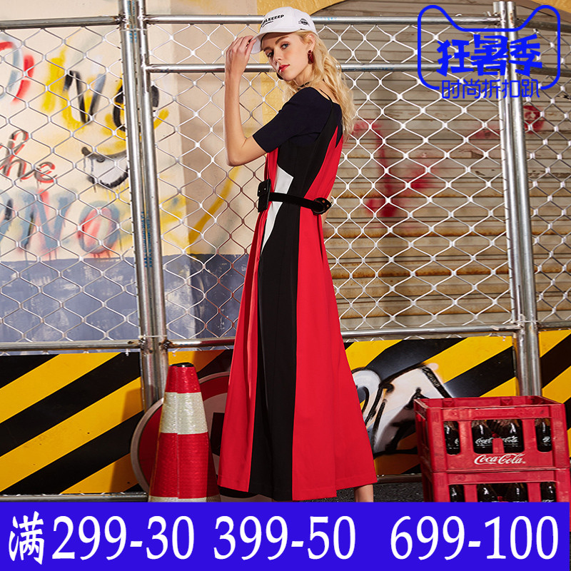 促销伊布都连体裤女夏季收腰连衣裤九分高腰阔腿背带裤Y721408E00