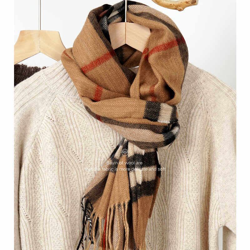 羊毛围巾女格子围巾春秋款式 经典驼格 瑕疵款