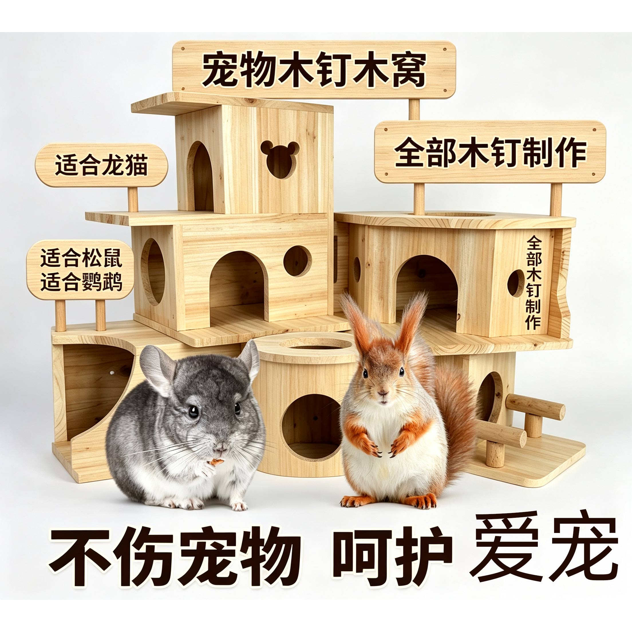 木钉龙猫木屋木窝松鼠豚鼠杉木躲避窝磨牙全竹钉笼子笼柜小宠家具
