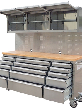 美式72英寸车库大型不锈钢多功能实木汽修工具柜推车赛车工作站