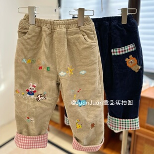 日系可爱动物刺绣加绒加厚灯芯绒长裤男女童秋冬款保暖休闲裤子