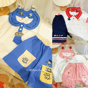 日系刺绣小熊套装春夏薄棉透气男女童可爱卡通休闲运动两件套