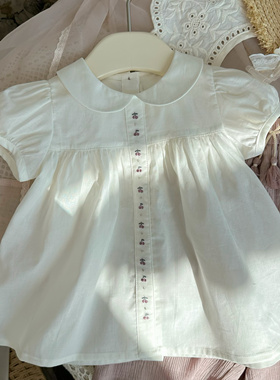 Susu韩国设计款女童夏季上衣薄款纯棉白色绣花翻领短袖娃娃衫衬衫