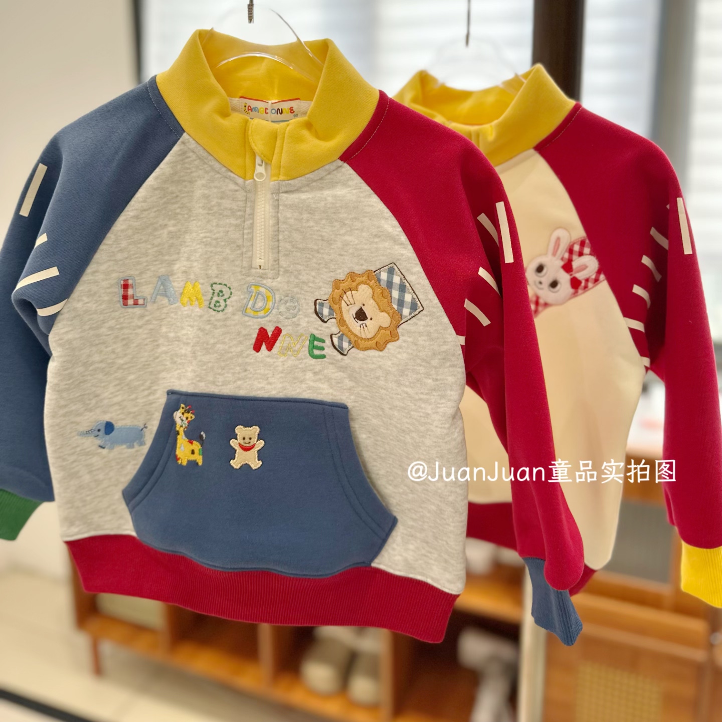 日系可爱动物卡通刺绣加绒加厚卫衣 男女童秋冬款保暖立领插肩袖