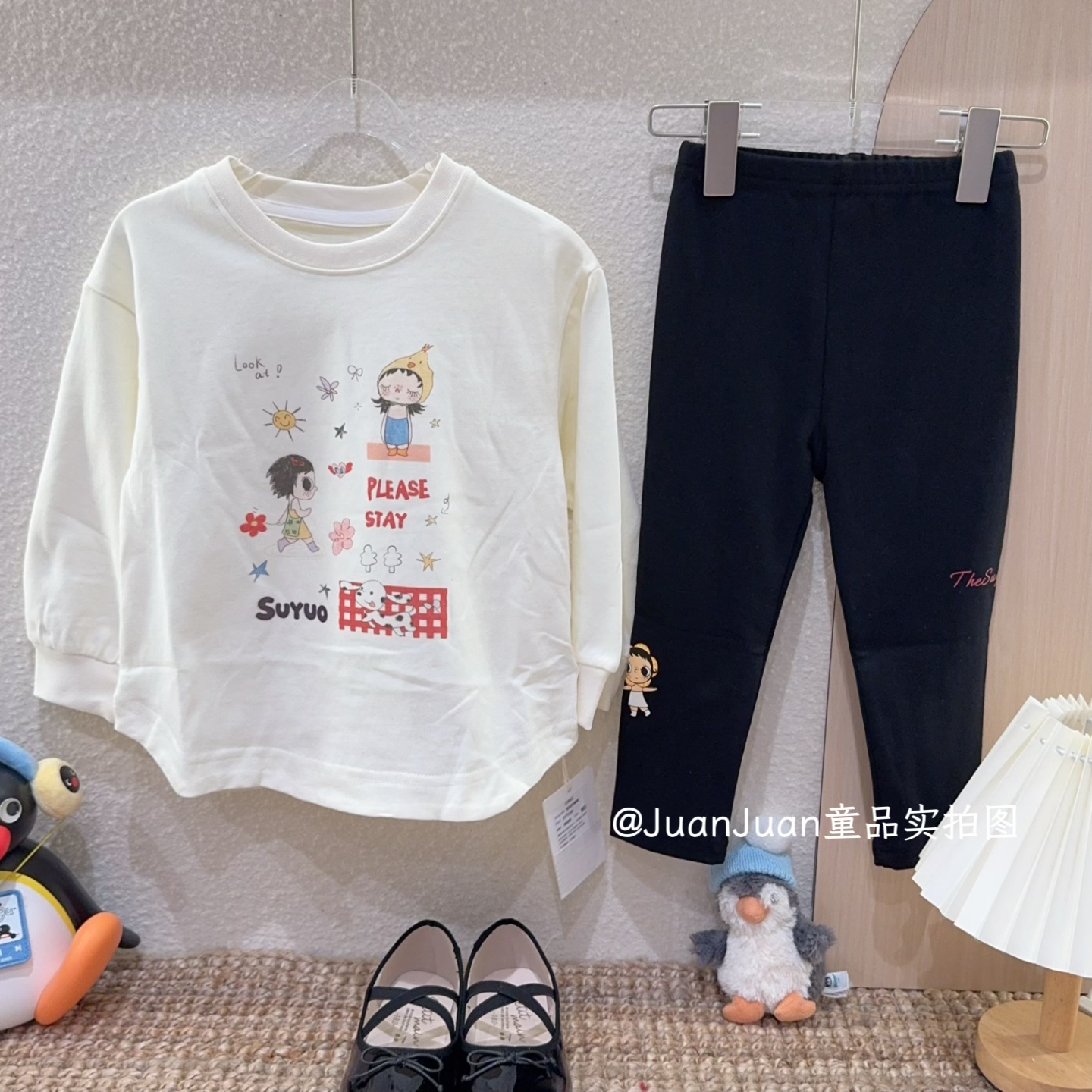 日系风女童小玉卫衣T恤黑色打底裤两件套 春秋款女童纯棉套装卡通