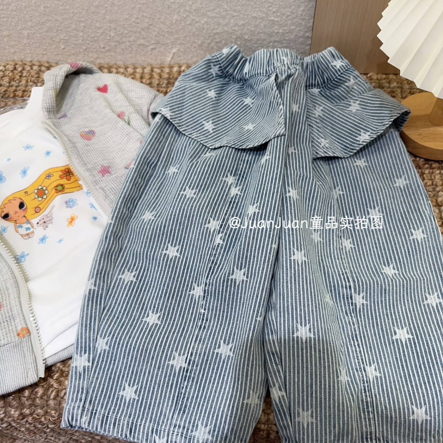 女童星星条纹假两件裙边牛仔裤子