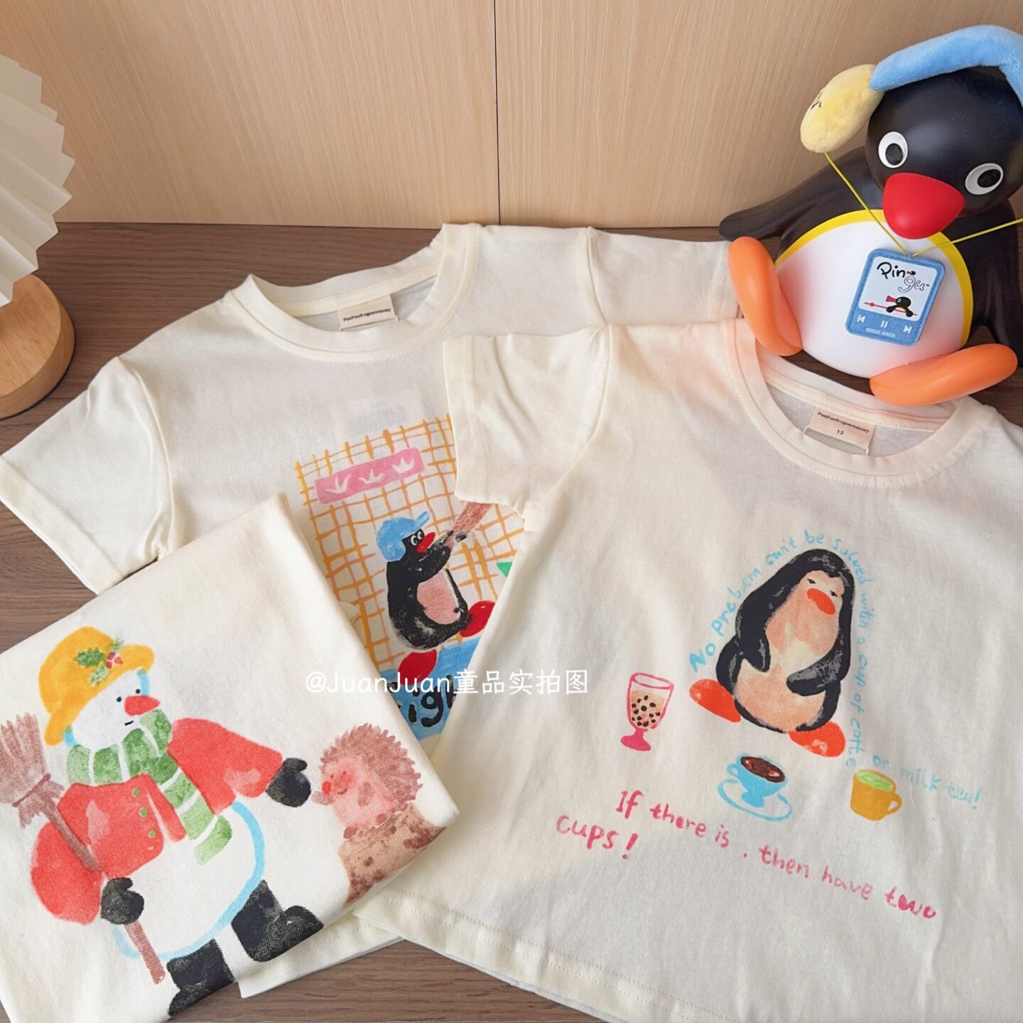 90-140码日系潮牌原创企鹅插画T恤衫儿童全棉短袖汗衫男女童可爱