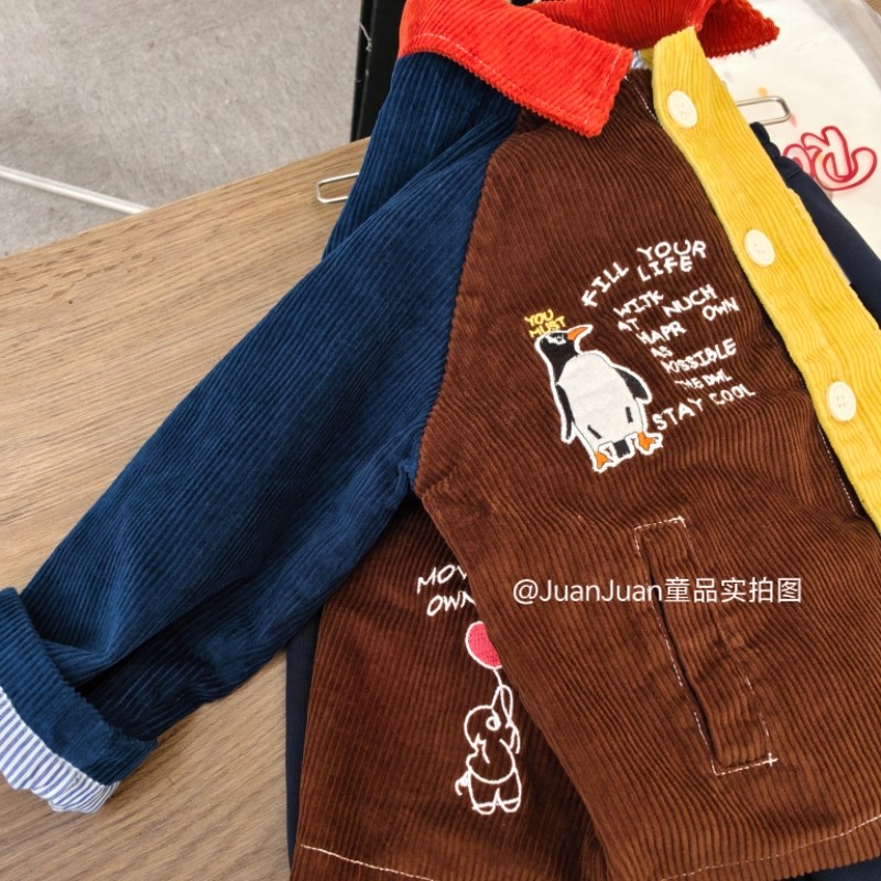 日系小象撞色灯芯绒外套男女童春秋款卡通刺绣翻领夹克衫儿童上衣