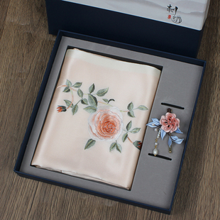 真丝围巾绒花胸针发簪礼盒装 商务伴手礼苏绣中国风特色会议纪念品