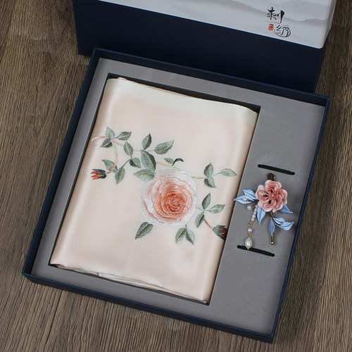 真丝围巾绒花胸针发簪礼盒装商务伴手礼苏绣中国风特色会议纪念品