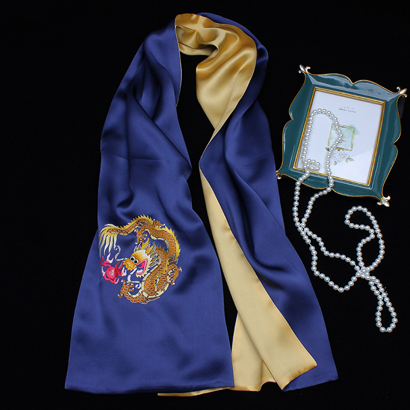 国风绣花手工刺绣围巾苏绣春秋冬男士腾龙吐珠高档桑蚕丝真丝丝巾