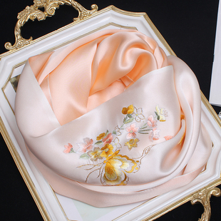 高档真丝刺绣围巾中年妈妈礼物桑蚕丝中国风旗袍披肩女丝巾粉蝴蝶